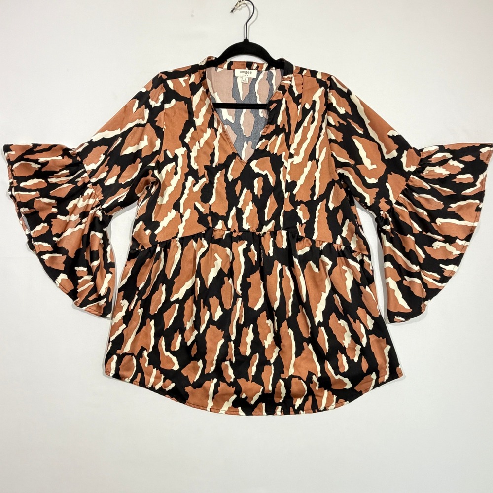 Umgee Womens Blouse Medium Brown Black Animal Print Ruffle Sleeve Artsy Boho Top